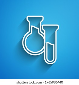 White line Test tube and flask icon isolated on blue background. Chemical laboratory test. Laboratory glassware. Long shadow. Vector