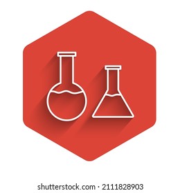 White line Test tube and flask icon isolated with long shadow. Chemical laboratory test. Laboratory glassware. Red hexagon button. Vector Illustration