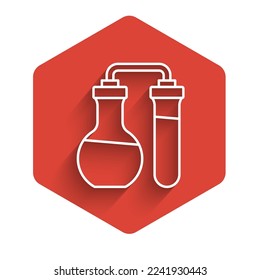 White line Test tube and flask chemical laboratory test icon isolated with long shadow background. Laboratory glassware sign. Red hexagon button. Vector