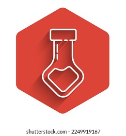 White line Test tube and flask chemical laboratory test icon isolated with long shadow. Laboratory glassware sign. Red hexagon button. Vector Illustration