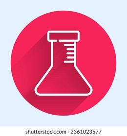White line Test tube and flask icon isolated with long shadow. Chemical laboratory test. Laboratory glassware. Red circle button. Vector