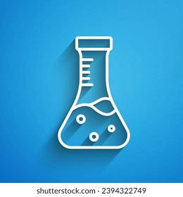 White line Test tube and flask chemical laboratory test icon isolated on blue background. Laboratory glassware sign. Long shadow. Vector