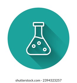 White line Test tube and flask chemical laboratory test icon isolated with long shadow background. Laboratory glassware sign. Green circle button. Vector