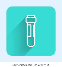 White line Test tube or flask with blood icon isolated with long shadow. Laboratory, chemical, scientific glassware sign. Green square button. Vector Illustration