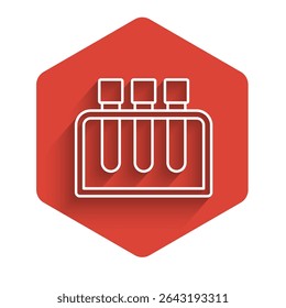 White line Test tube and flask chemical laboratory test icon isolated with long shadow background. Laboratory glassware sign. Red hexagon button. Vector