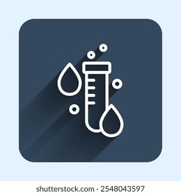 White line Test tube with water drop icon isolated with long shadow background. Blue square button. Vector