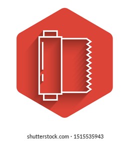 White line Textile fabric roll icon isolated with long shadow. Roll, mat, rug, cloth, carpet or paper roll icon. Red hexagon button. Vector Illustration