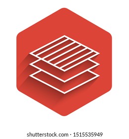 White line Textile fabric roll icon isolated with long shadow. Roll, mat, rug, cloth, carpet or paper roll icon. Red hexagon button. Vector Illustration