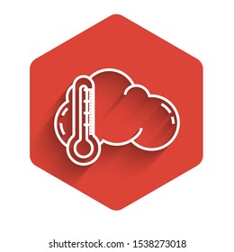White line Thermometer and cloud icon isolated with long shadow. Red hexagon button. Vector Illustration