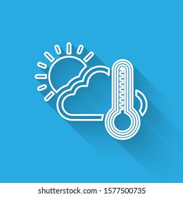 White line Thermometer and cloud with sun icon isolated with long shadow.  Vector Illustration