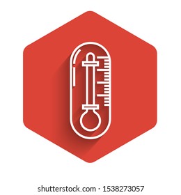 White line Thermometer icon isolated with long shadow. Red hexagon button. Vector Illustration