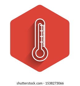 White line Thermometer icon isolated with long shadow. Red hexagon button. Vector Illustration