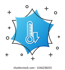 White line Thermometer icon isolated on white background. Blue hexagon button. Vector Illustration
