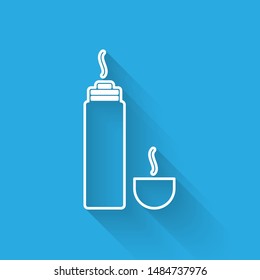 White line Thermos container icon isolated with long shadow. Thermo flask icon. Camping and hiking equipment.  Vector Illustration