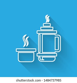 White line Thermos container icon isolated with long shadow. Thermo flask icon. Camping and hiking equipment.  Vector Illustration
