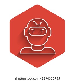White line Thief mask icon isolated with long shadow. Bandit mask, criminal man. Red hexagon button. Vector