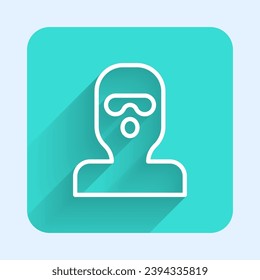 White line Thief mask icon isolated with long shadow background. Bandit mask, criminal man. Green square button. Vector