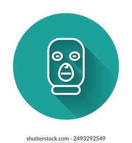 White line Thief mask icon isolated with long shadow. Bandit mask, criminal man. Green circle button. Vector