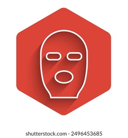 White line Thief mask icon isolated with long shadow. Bandit mask, criminal man. Red hexagon button. Vector Illustration