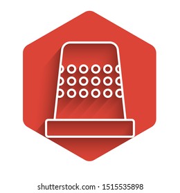 White line Thimble for sewing icon isolated with long shadow. Red hexagon button. Vector Illustration