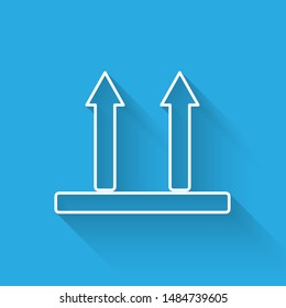 White line This side up icon isolated with long shadow. Two arrows indicating top side of packaging. Cargo handled so these arrows always point up.  Vector Illustration