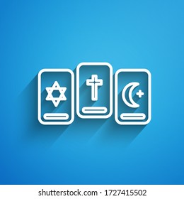 White line Three tarot cards icon isolated on blue background. Magic occult set of tarot cards. Long shadow. Vector Illustration