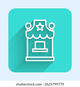 White line Ticket box office icon isolated with long shadow background. Ticket booth for the sale of tickets for attractions and sports. Green square button. Vector