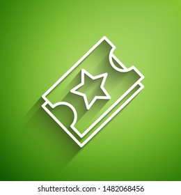 White line Ticket icon isolated on green background. Amusement park.  Vector Illustration