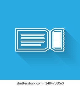White line Ticket icon isolated with long shadow.  Vector Illustration