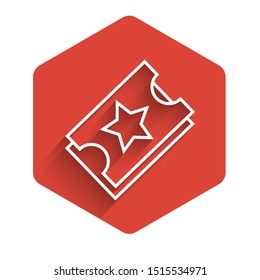 White line Ticket icon isolated with long shadow. Amusement park. Red hexagon button. Vector Illustration