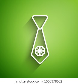 White line Tie with four leaf clover icon isolated on green background. Necktie and neckcloth symbol. Happy Saint Patricks day.  Vector Illustration