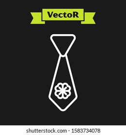 White line Tie with four leaf clover icon isolated on black background. Necktie and neckcloth symbol. Happy Saint Patricks day.  Vector Illustration