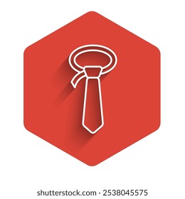 White line Tie icon isolated with long shadow background. Necktie and neckcloth symbol. Red hexagon button. Vector