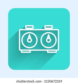 White line Time chess clock icon isolated with long shadow. Sport equipment. Green square button. Vector