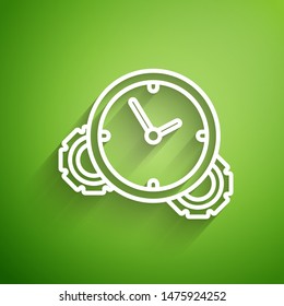 White line Time Management icon isolated on green background. Clock and gear sign. Productivity symbol.  Vector Illustration