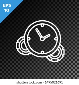 White line Time Management icon isolated on transparent dark background. Clock and gear sign. Productivity symbol.  Vector Illustration