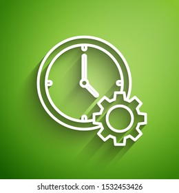 White line Time Management icon isolated on green background. Clock and gear sign. Productivity symbol.  Vector Illustration