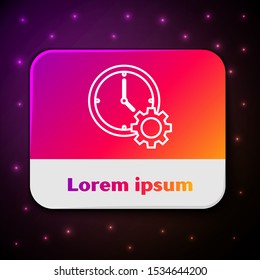 White line Time Management icon isolated on black background. Clock and gear sign. Productivity symbol. Rectangle color button. Vector Illustration