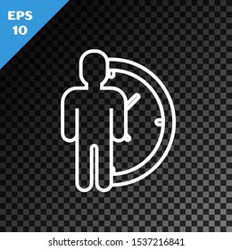 White line Time Management icon isolated on transparent dark background. Clock and gear sign. Productivity symbol.  Vector Illustration