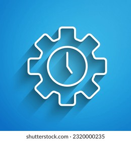 White line Time Management icon isolated on blue background. Clock and gear sign. Productivity symbol. Long shadow. Vector