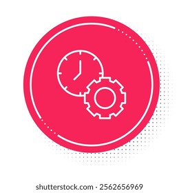 White line Time management icon isolated on white background. Clock and gear sign. Productivity symbol. Red circle button. Vector