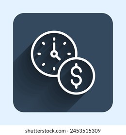 White line Time is money icon isolated with long shadow background. Money is time. Effective time management. Convert time to money. Blue square button. Vector