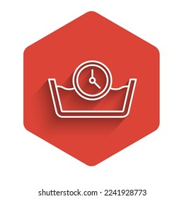 White line Time wash icon isolated with long shadow background. Temperature wash. Red hexagon button. Vector