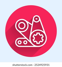 White line Timing belt kit icon isolated with long shadow background. Red circle button. Vector