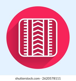 White line Tire track icon isolated with long shadow. Red circle button. Vector