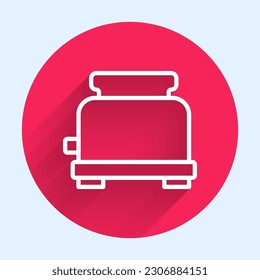 White line Toaster icon isolated with long shadow. Red circle button. Vector