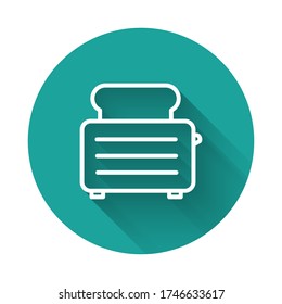 White line Toaster with toasts icon isolated with long shadow. Green circle button. Vector Illustration