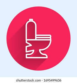 White line Toilet bowl icon isolated with long shadow. Red circle button. Vector Illustration