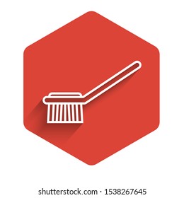 White line Toilet brush icon isolated with long shadow. Red hexagon button. Vector Illustration