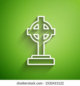 White line Tombstone with cross icon isolated on green background. Grave icon.  Vector Illustration